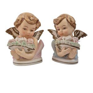 Tilso Cherub Angel Pair Figurines Bisque Porcelain Pink Blue Flowers 1958